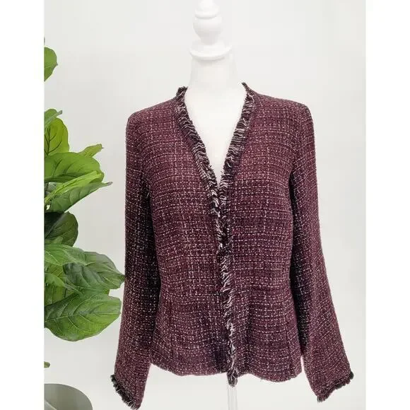 White House Black Market Womens Sz 10 Burgundy Tweed Fringe Blazer Heritage Chic - Picture 2 of 11